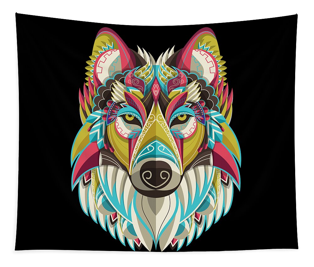 Wolf Tapestry featuring the painting Spirit Wolf Dog Colorful Mandala by Tony Rubino