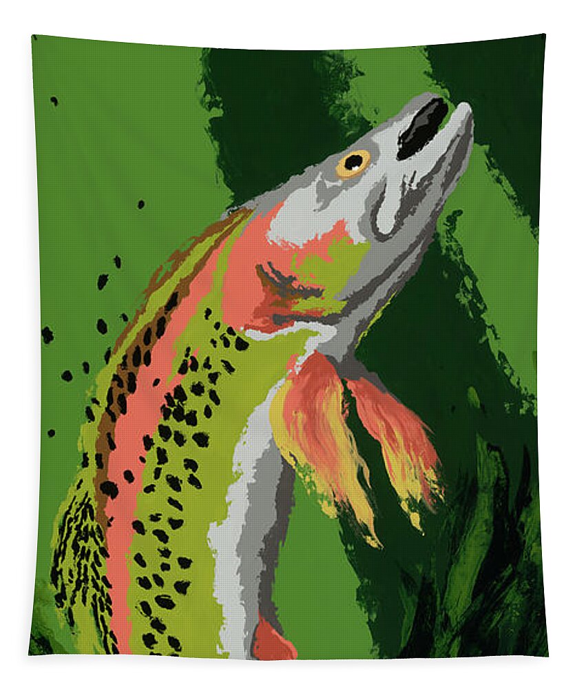 Nikita Coulombe Tapestry featuring the painting Fly Fishing Trout Jumping Painting by Nikita Coulombe