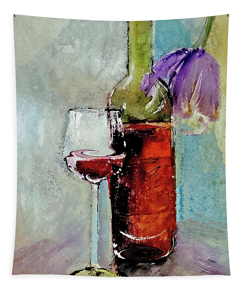 Splattered Tapestry featuring the painting Splattered Wine With A Flower by Lisa Kaiser