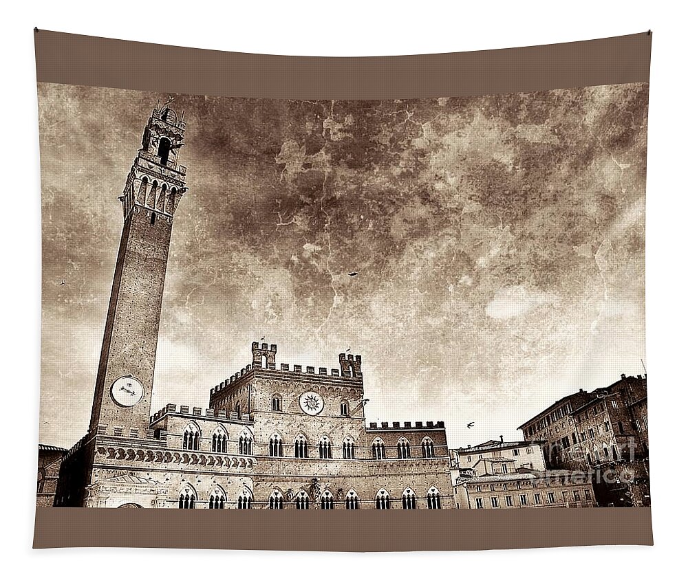 Siena Tapestry featuring the photograph Splendid Torre del Mangia in Sepia by Ramona Matei