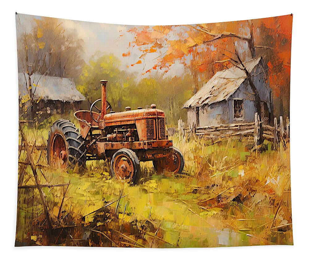 Red Tractor Tapestry featuring the painting Splendor of the Past - Red Tractor Art by Lourry Legarde