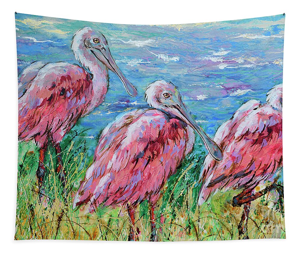 Spoonbills Tapestry featuring the painting Spoonbills at the Lake by Jyotika Shroff