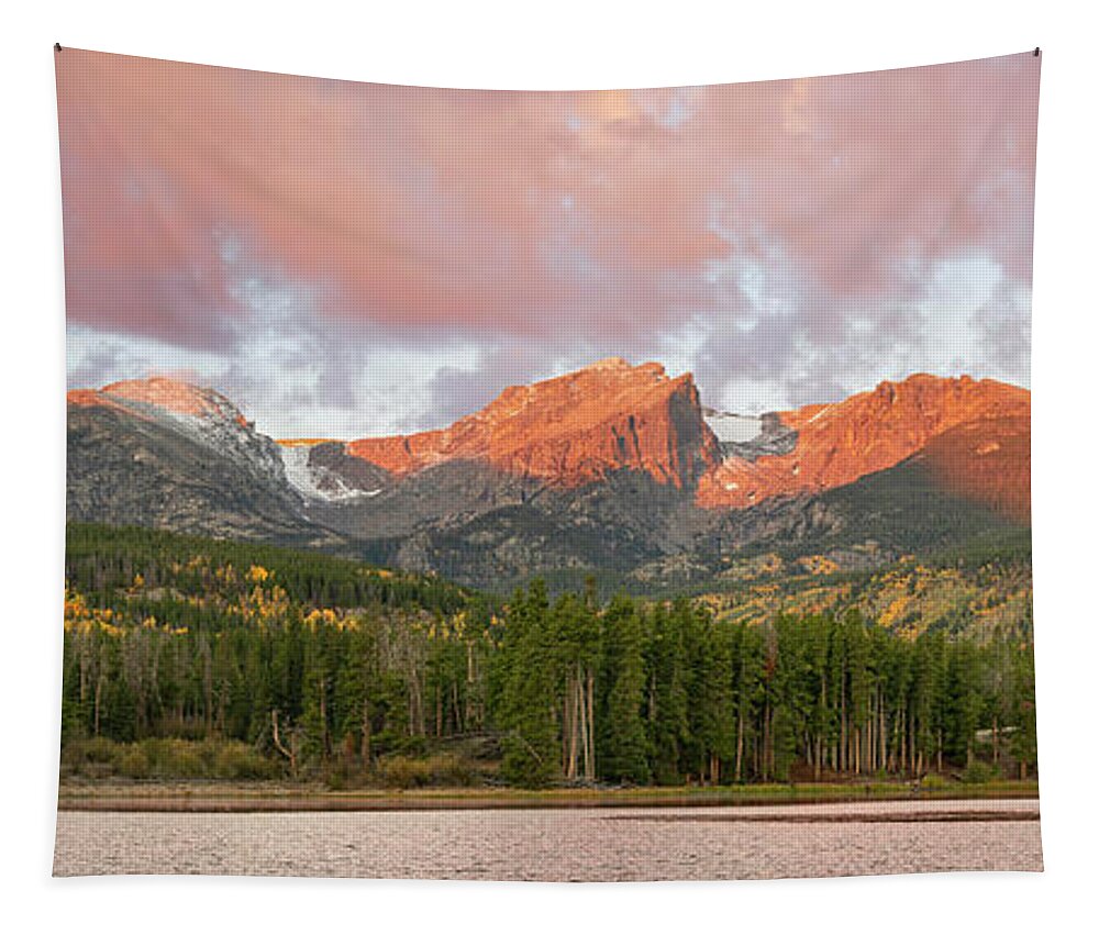 Panorama Tapestry featuring the photograph Sprague Lake Autumn Sunrise Panorama by Aaron Spong