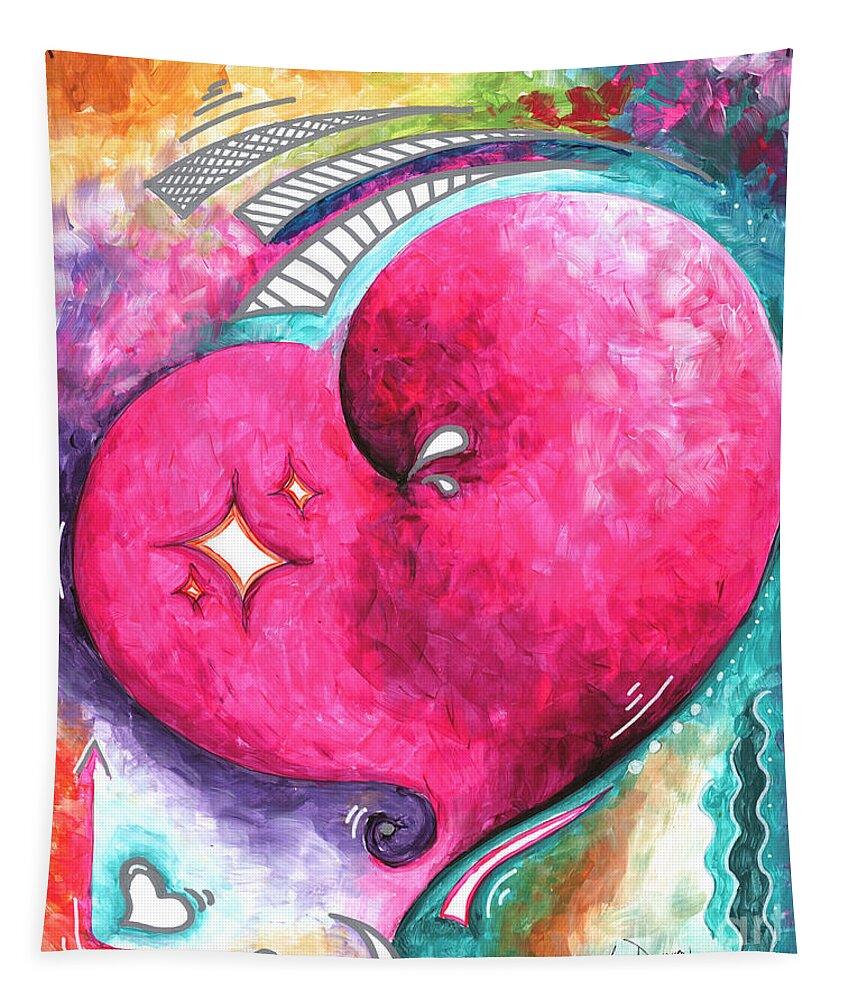 Collect Tapestry featuring the painting Spread Love Pink PoP of Love Heart Painting Whimsical Fun Uplifting Original Art by Megan Duncanson by Megan Aroon