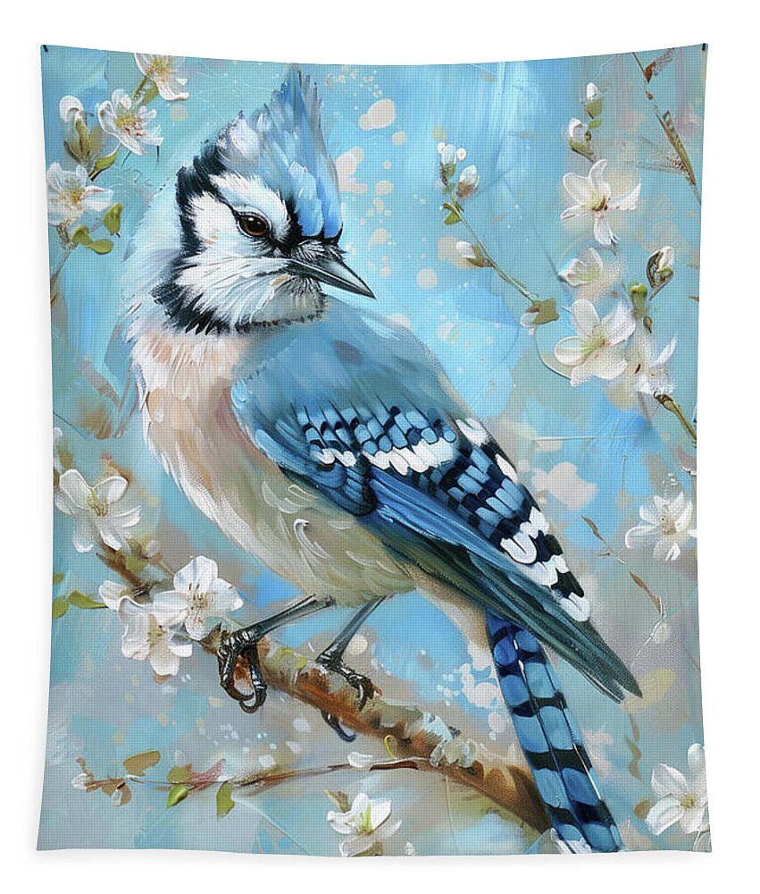 Blue Jay Tapestry featuring the painting Spring Blue Jay by Tina LeCour