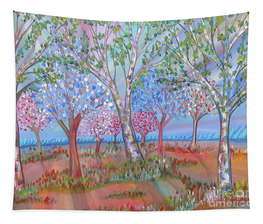 Landscape Trees Spring Birch Colourful Ontario Canada Lobby Office Abstract Realism Tapestry featuring the painting Spring Is In The Air by Bradley Boug