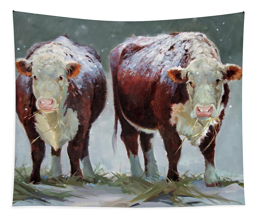 Ranch Animals Tapestry featuring the painting Spring Snow by Carolyne Hawley