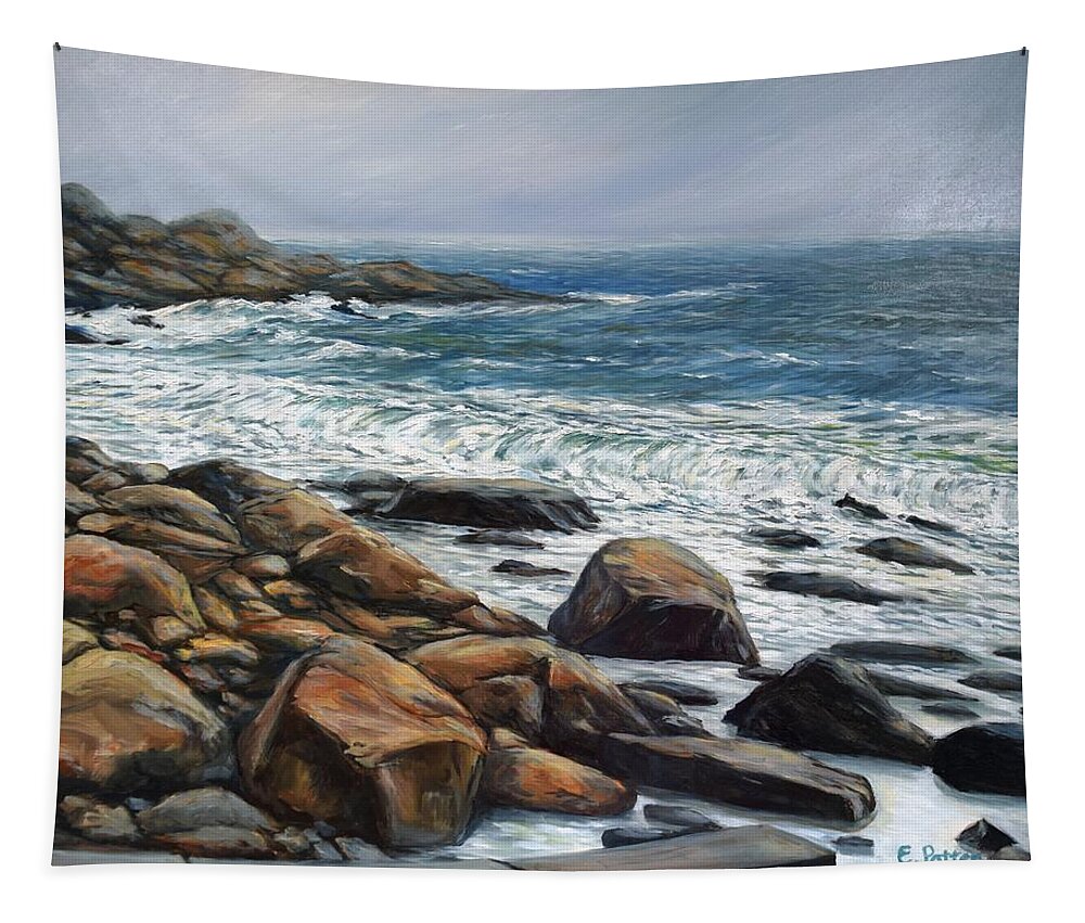 Beach Tapestry featuring the painting Spring Storm Old Garden Beach Rockport MA by Eileen Patten Oliver