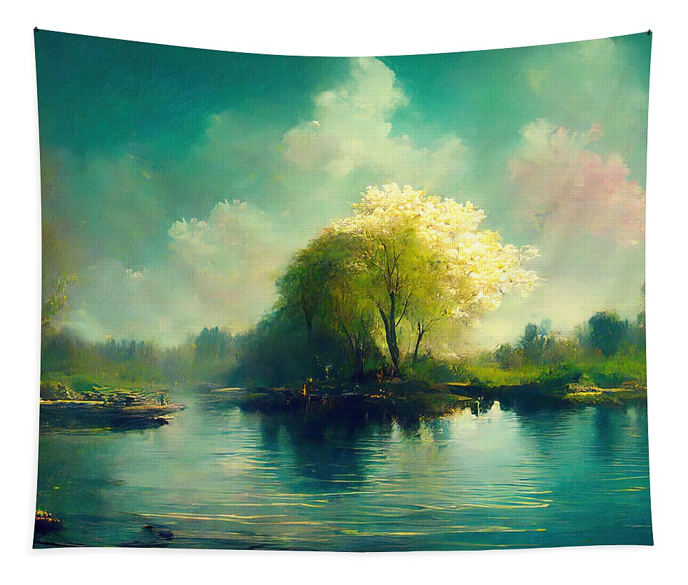 Lake Tapestry featuring the painting Spring, Symphony of Nature, 13 by AM FineArtPrints