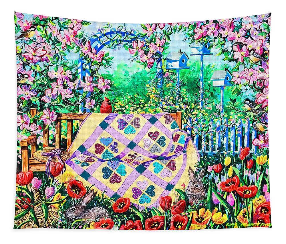 Garden Bench Tapestry featuring the painting Springtime Hearts and Flowers by Diane Phalen