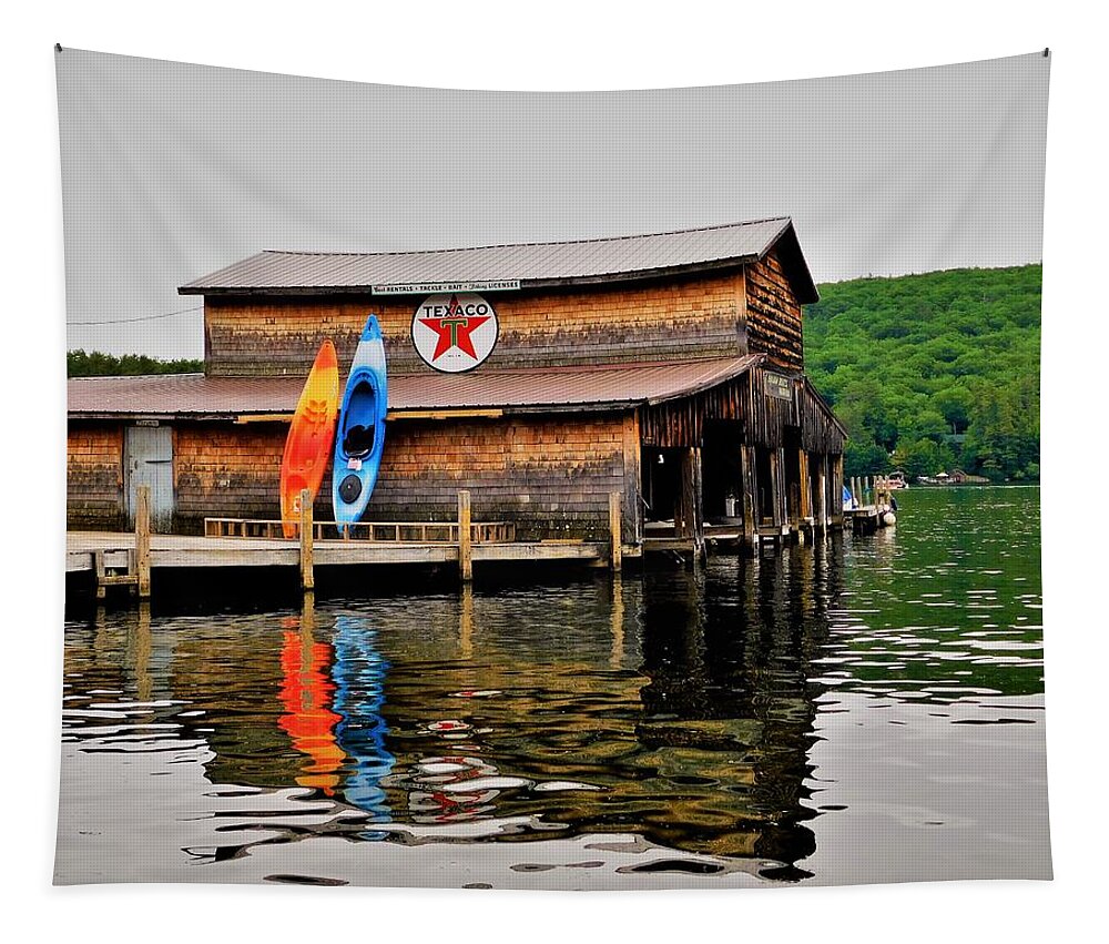 - Squam Lake Boat House - Holderness Nh Tapestry featuring the photograph -On Golden Pond - Squam Lake Boat House - Holderness NH by THERESA Nye