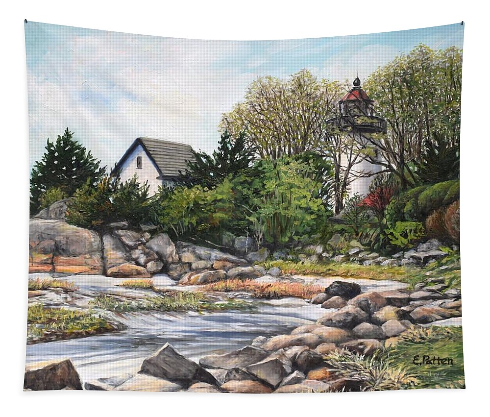 Squam Tapestry featuring the painting Squam Light, Spring by Eileen Patten Oliver