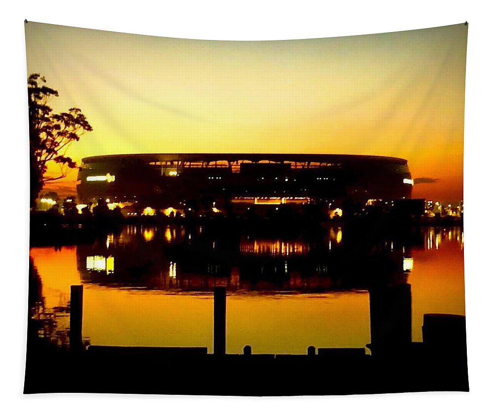 Sports Stadium Tapestry featuring the photograph Stadium At Dawn by World Art Collective