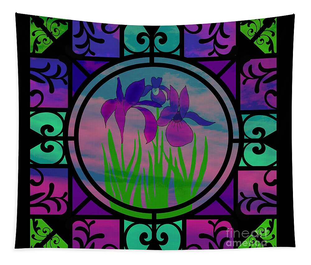 Irises Tapestry featuring the mixed media Stained Glass Irises by Diamante Lavendar