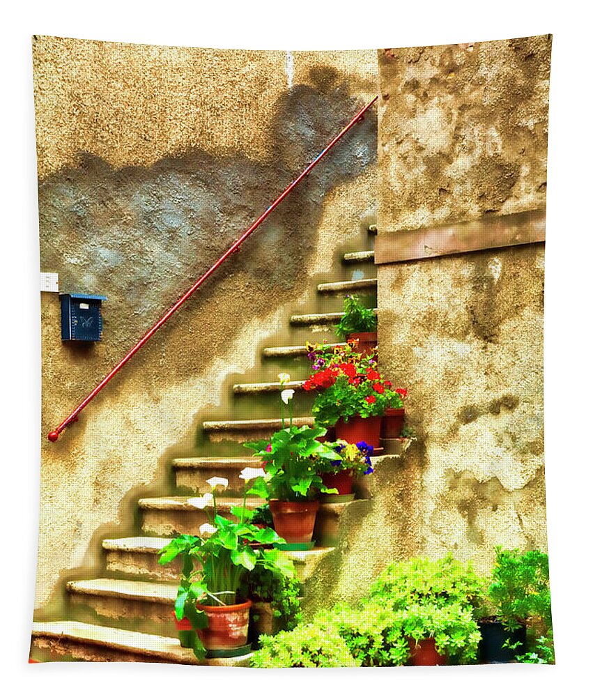 Stairs;flower Pots; Tuscany Red; Old Walls Tapestry featuring the photograph Stairs to Heaven by Eggers Photography