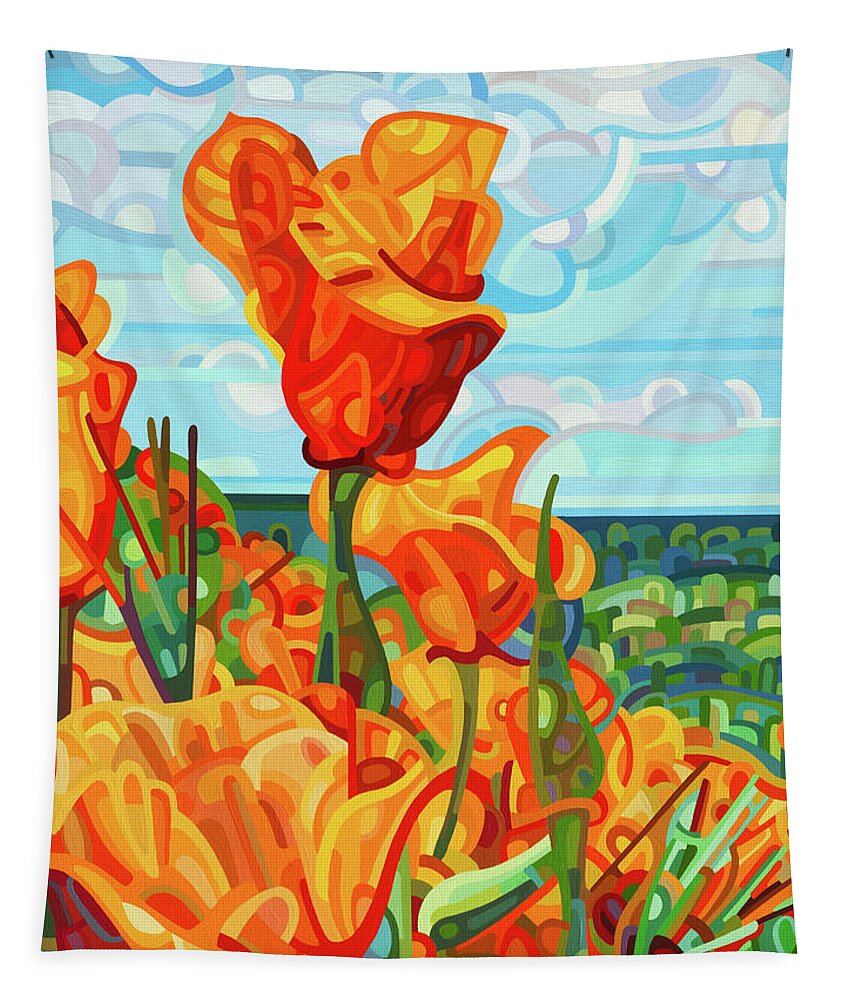 Red Orange Poppies Tapestry featuring the painting Standing Tall by Mandy Budan
