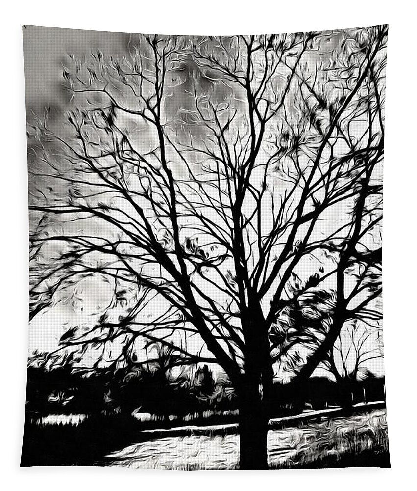 Tree Tapestry featuring the mixed media Stark Sky, Barren Tree by Christopher Reed