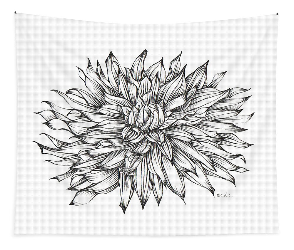 Ink Paper Drawing Illustration Dahlia Black White Tapestry featuring the drawing Starlight and Dahlias by Catherine Bede
