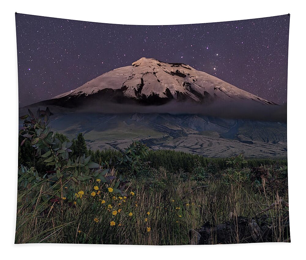 Andes Tapestry featuring the photograph Starry night above the west face of the Cotopaxi volcano by Henri Leduc