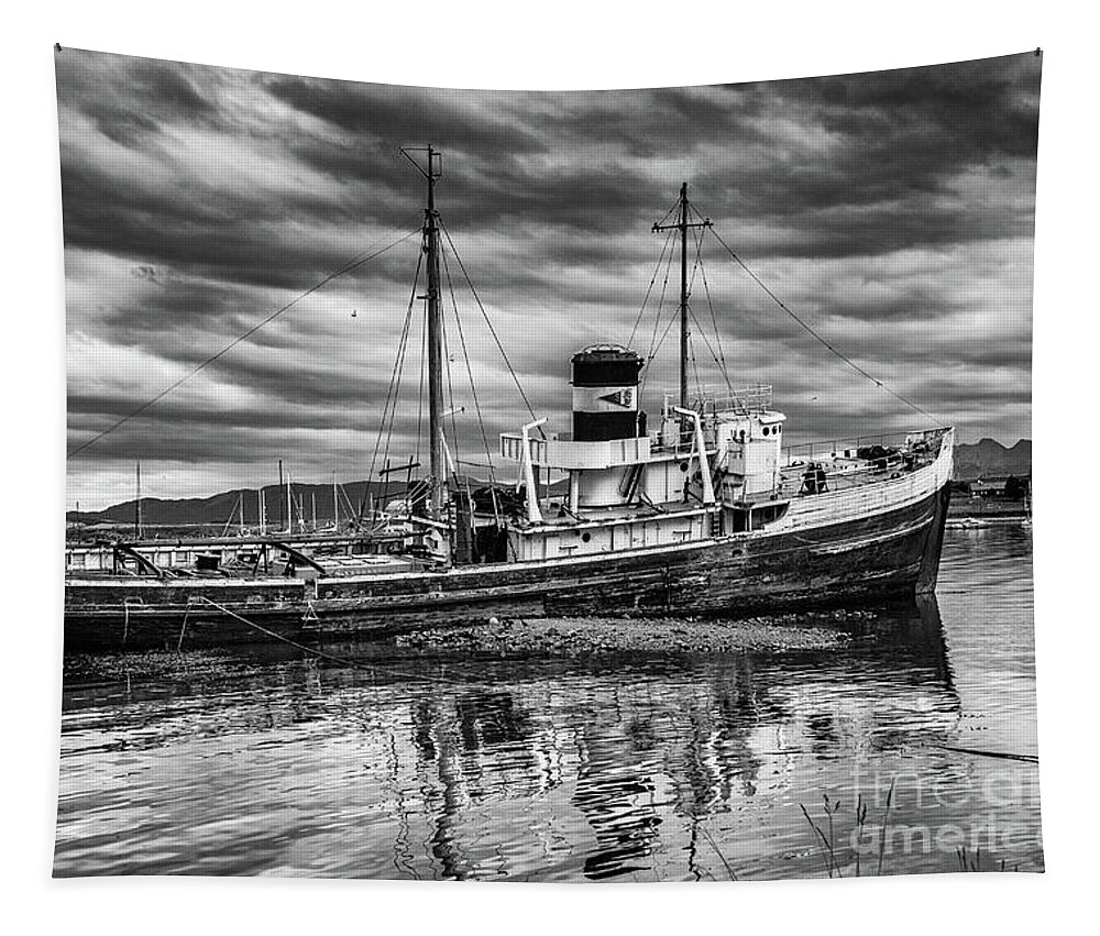 Wreck Tapestry featuring the photograph St.Christopher, Ushuaia - black and white by Lyl Dil Creations