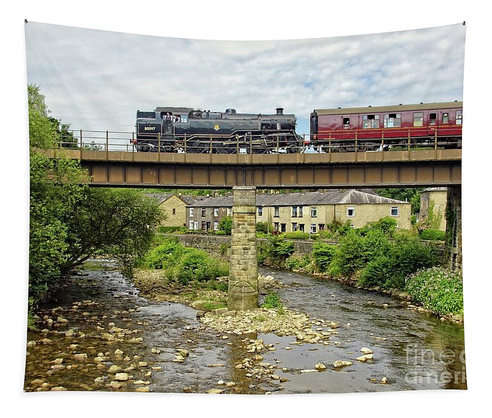 Water Tapestry featuring the photograph Steam train on Brooksbottom Viaduct. by David Birchall