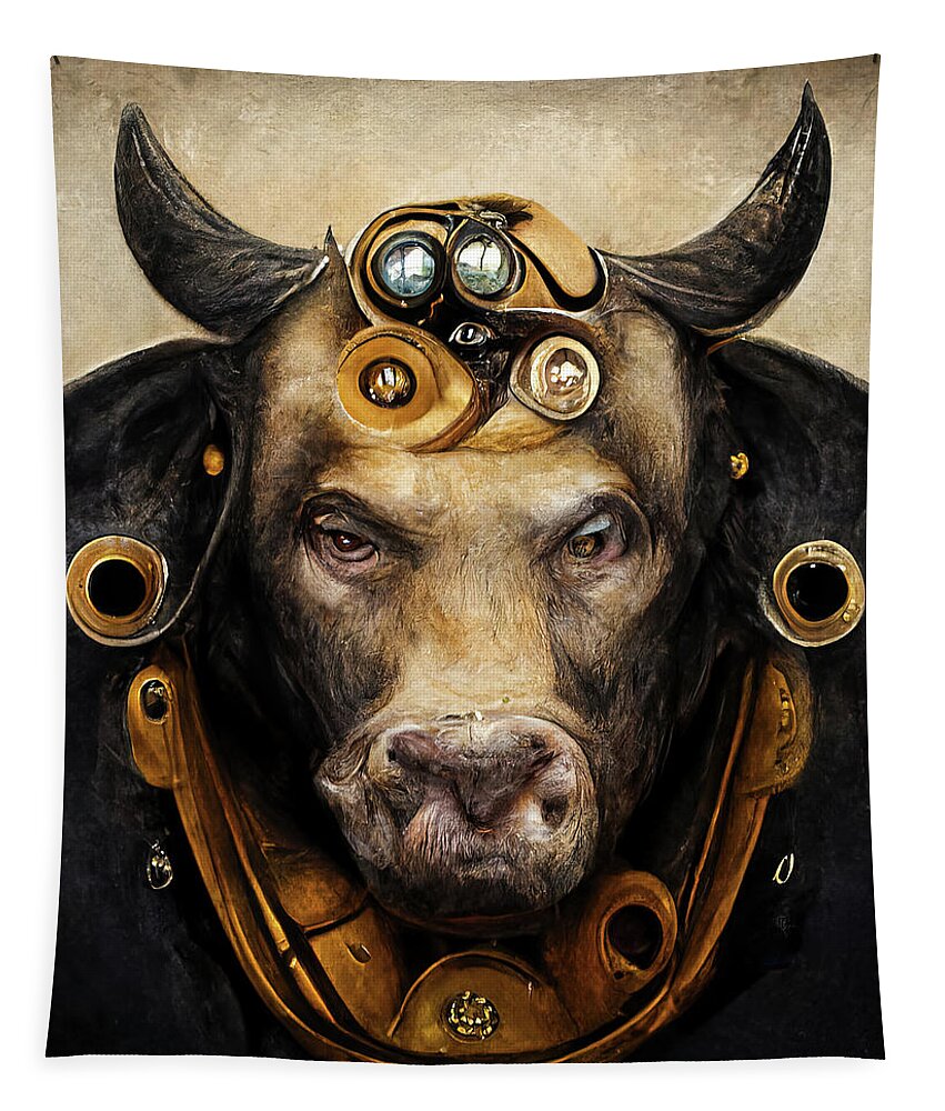 Bull Tapestry featuring the digital art Steampunk Animal 08 Bull Portrait by Matthias Hauser