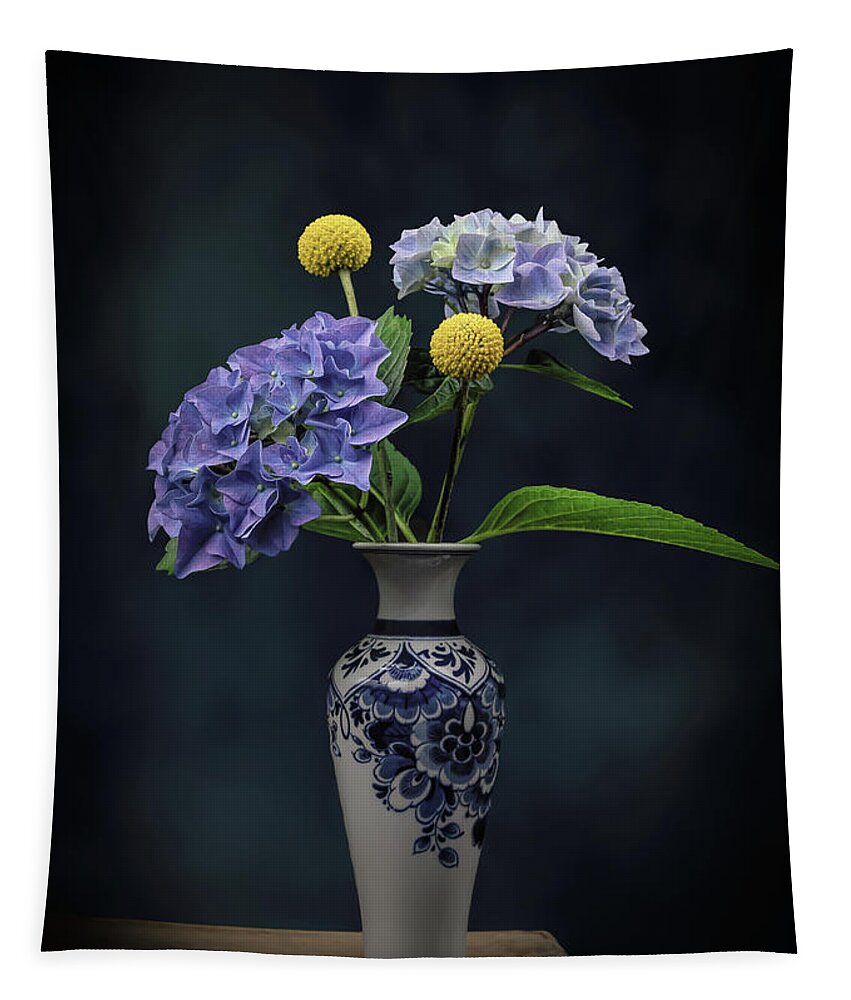 Still Life Tapestry featuring the digital art Still life blue and yellow by Marjolein Van Middelkoop
