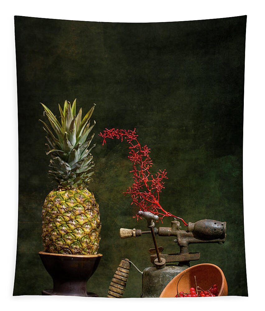Still Life Tapestry featuring the photograph Still life with pineapple, blowtorch and viburnum red by Valentin Ivantsov