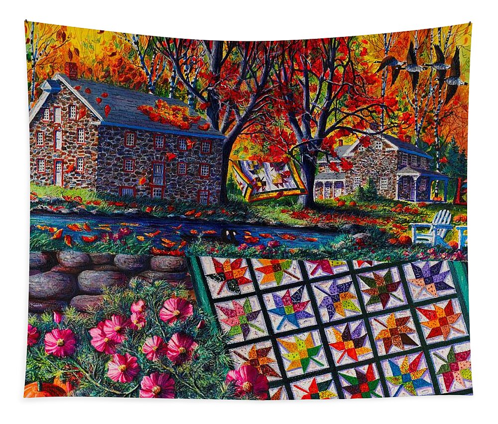 Landscape Of Stone Mill Autumn Crossing Tapestry featuring the painting Stone Mill Autumn Crossing by Diane Phalen