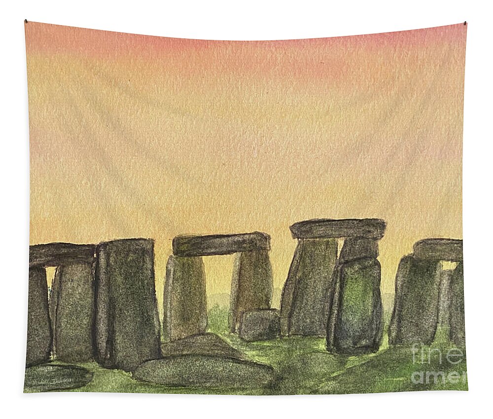 Stonehenge Tapestry featuring the painting Stonehenge at Sunset by Lisa Neuman
