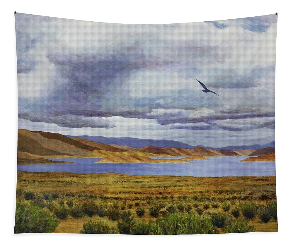Kim Mcclinton Tapestry featuring the painting Storm at Lake Powell- left panel of three by Kim McClinton
