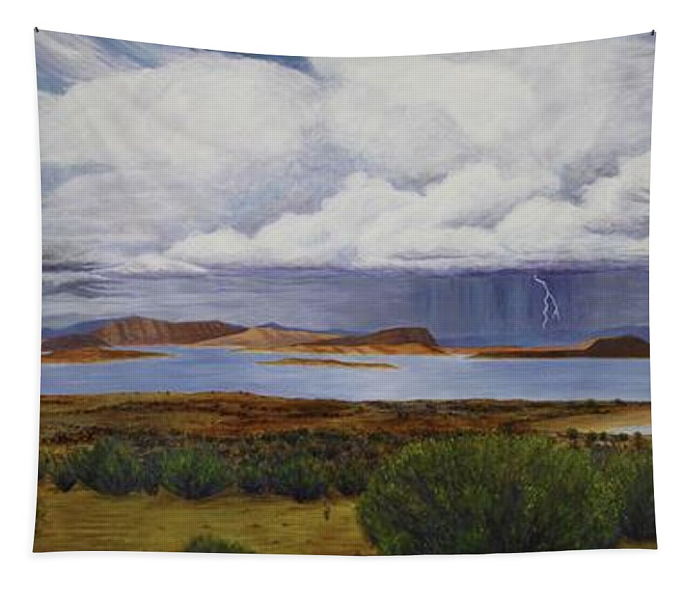 Kim Mcclinton Tapestry featuring the painting Storm at Lake Powell- panorama by Kim McClinton