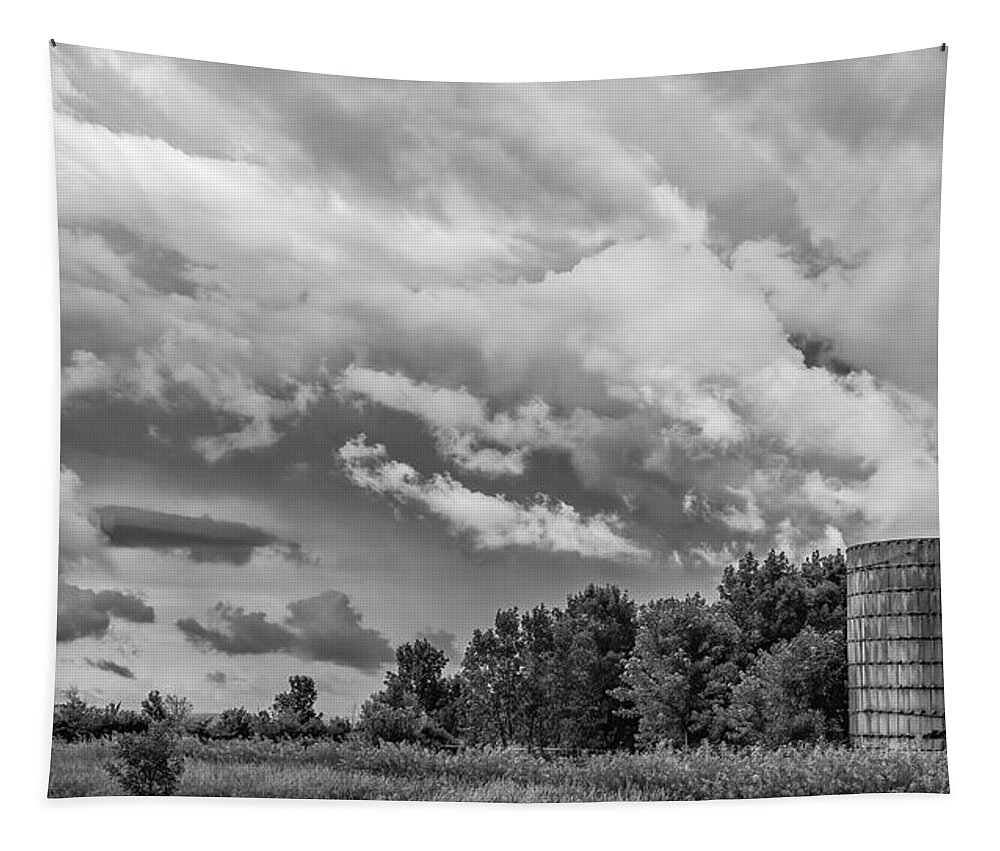 Clouds Tapestry featuring the photograph Storm Clouds Over an Abandoned Silo by Guy Whiteley