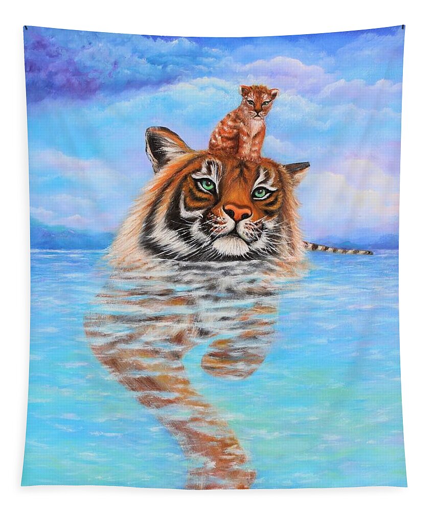 Wall Art Home Decor Tiger Baby Tiger Blue Sky Blue Water Clouds Stormy Clouds Lake Gift For Him Gift For Her Art Gallery Siberian Tiger Amur Tiger Tapestry featuring the photograph Storm is Coming by Tanya Harr