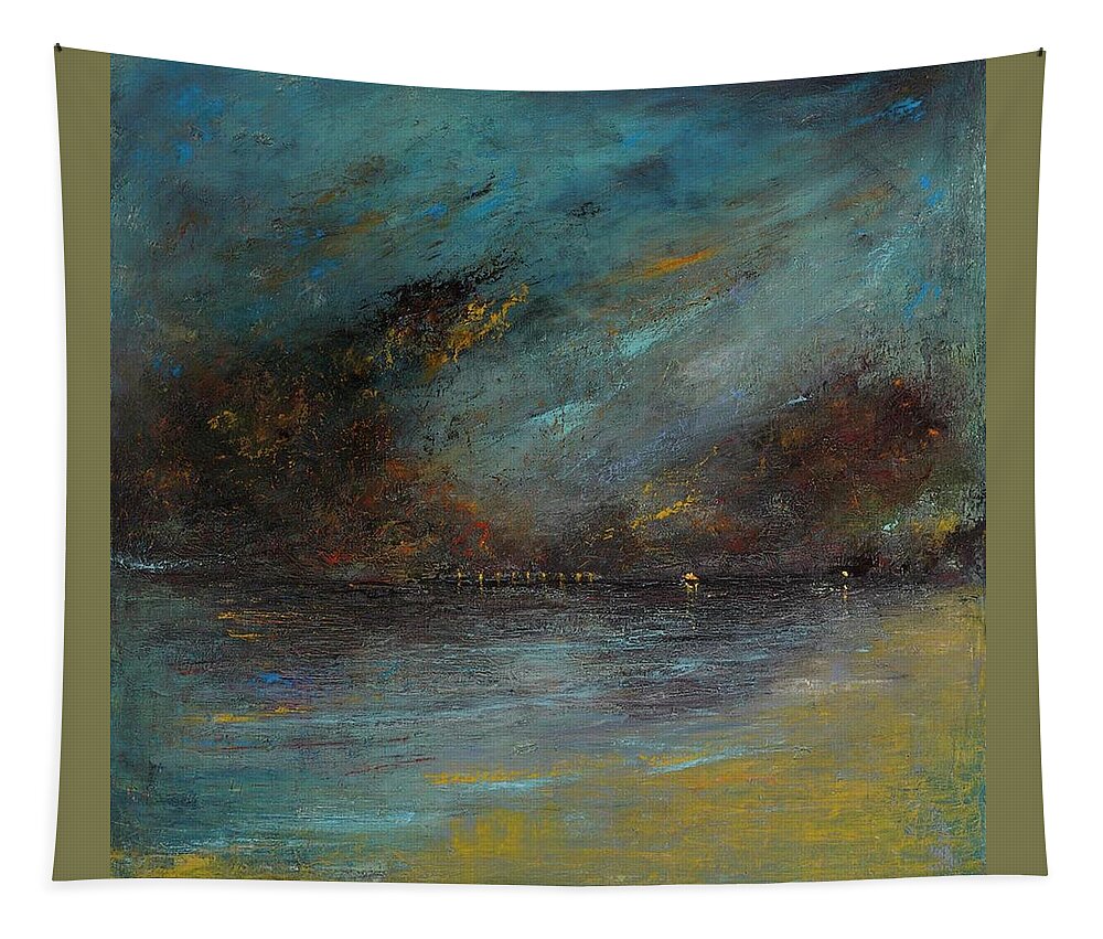 Storm Tapestry featuring the painting Storm over Glenelg Pier by Roger Clarke