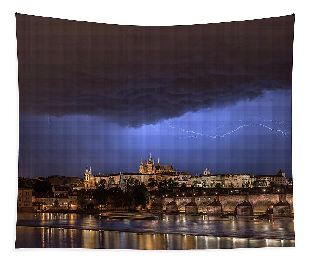 Prague Tapestry featuring the photograph Storm over Prague by Linda Villers