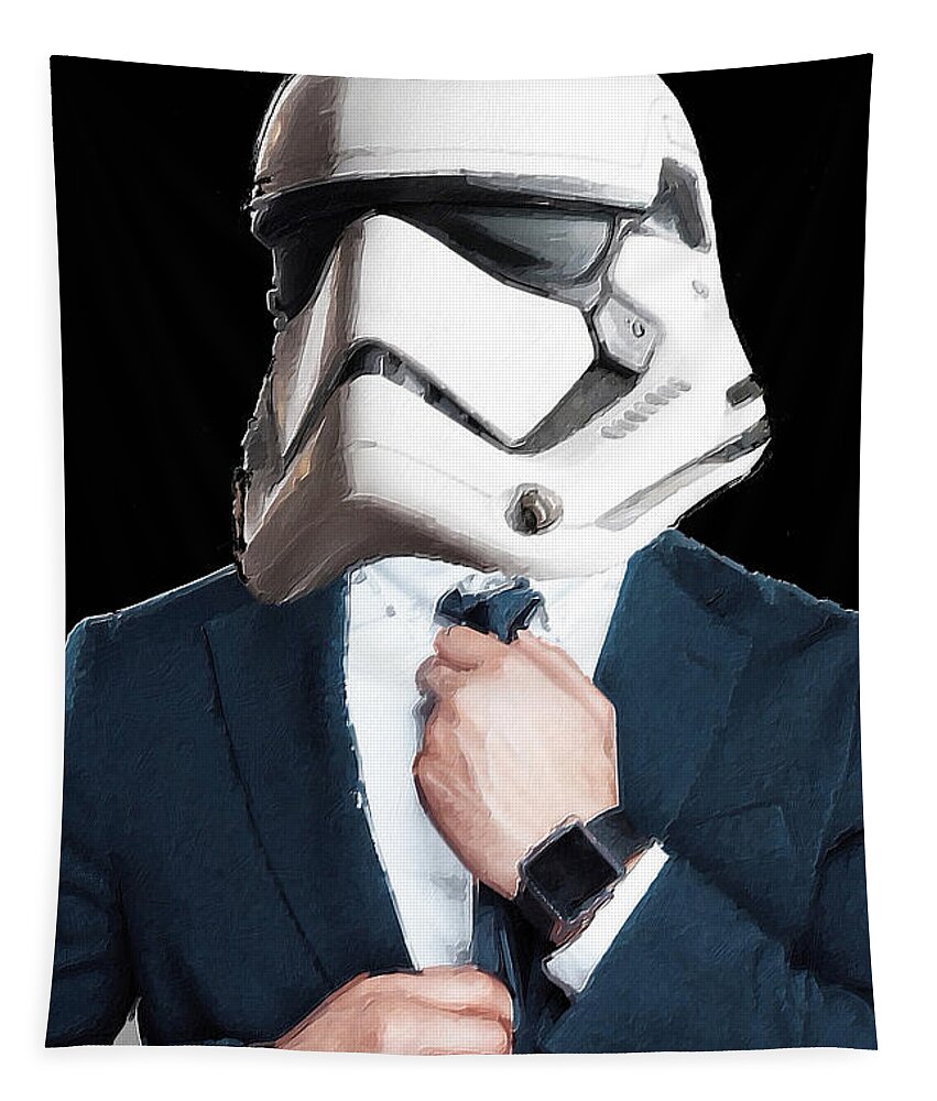 Storm Trooper Tapestry featuring the painting Storm Trooper Star Wars Business Man by Tony Rubino