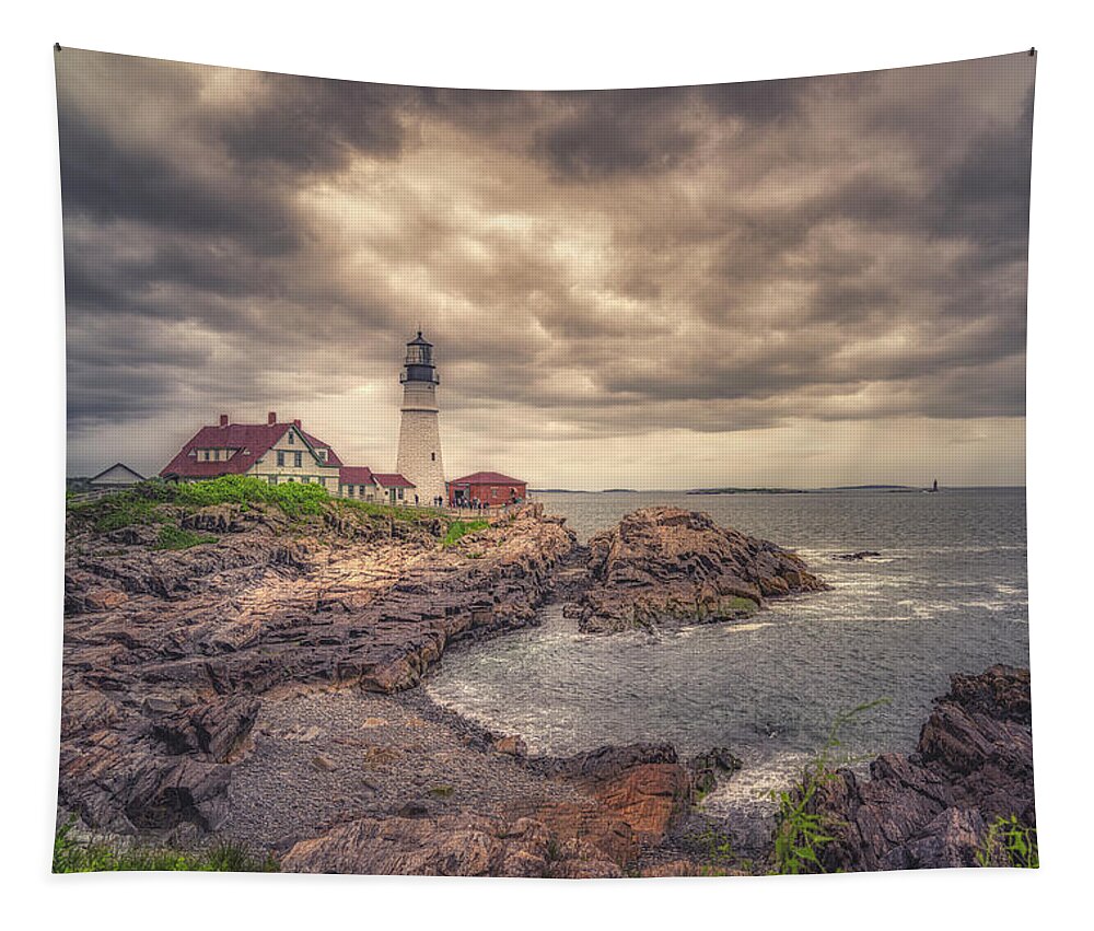 Portland Head Lighthouse Tapestry featuring the photograph Stormy Afternoon at Portland Head Light by Penny Polakoff