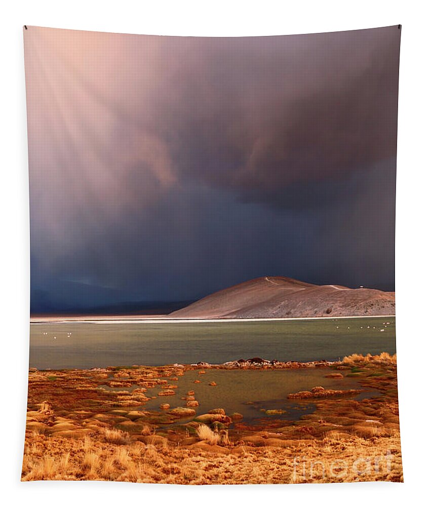 Chile Tapestry featuring the photograph Stormy sunset Laguna Santa Rosa Chile by James Brunker