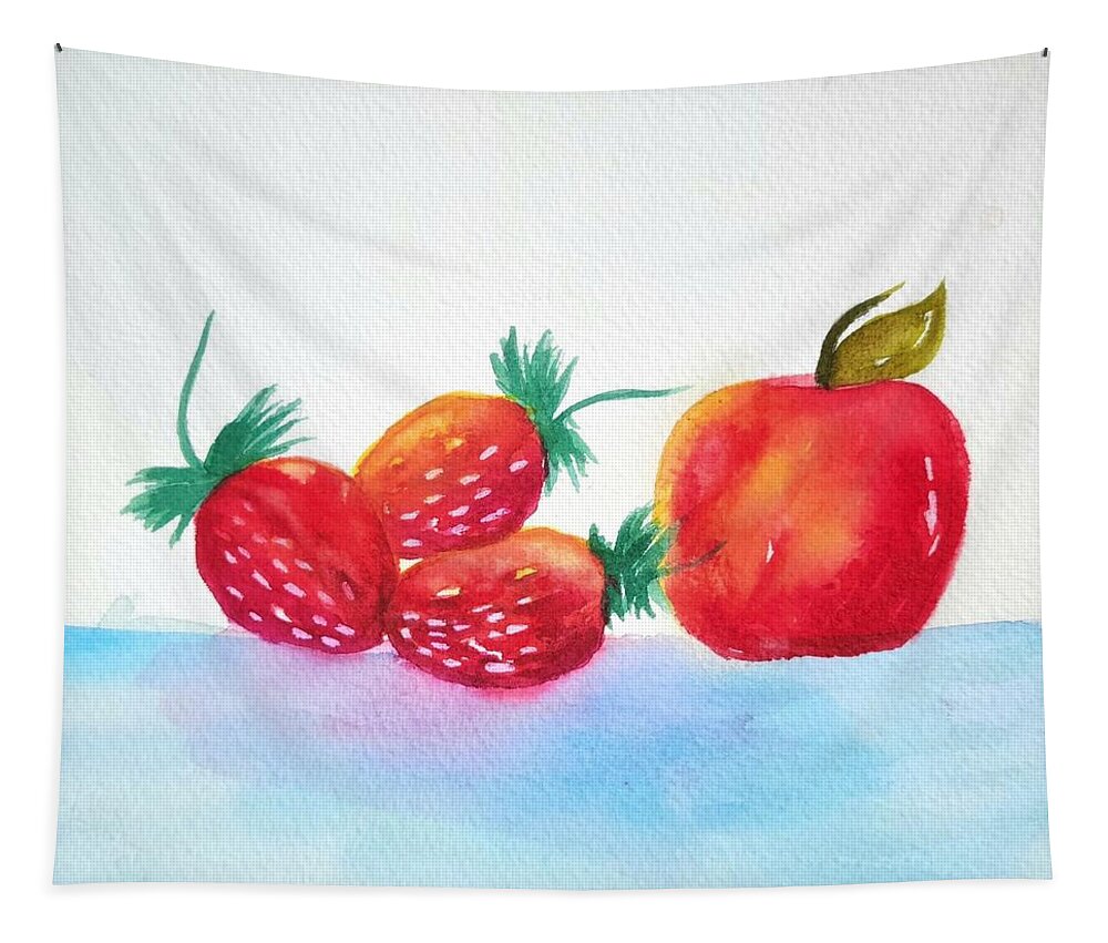 Strawberries Tapestry featuring the painting STRAWBERRIES and APPLES by Shady Lane Studios-Karen Howard