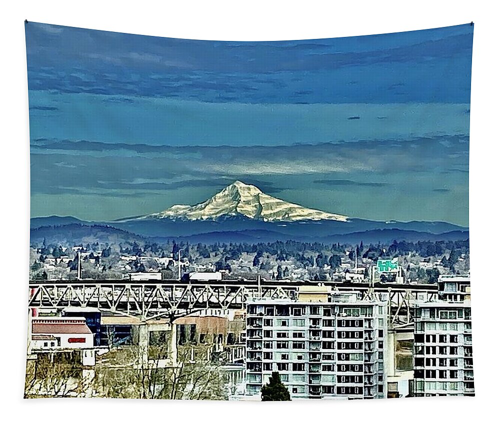Mt. Hood Tapestry featuring the photograph Striped Mt. Hood by Michael Oceanofwisdom Bidwell
