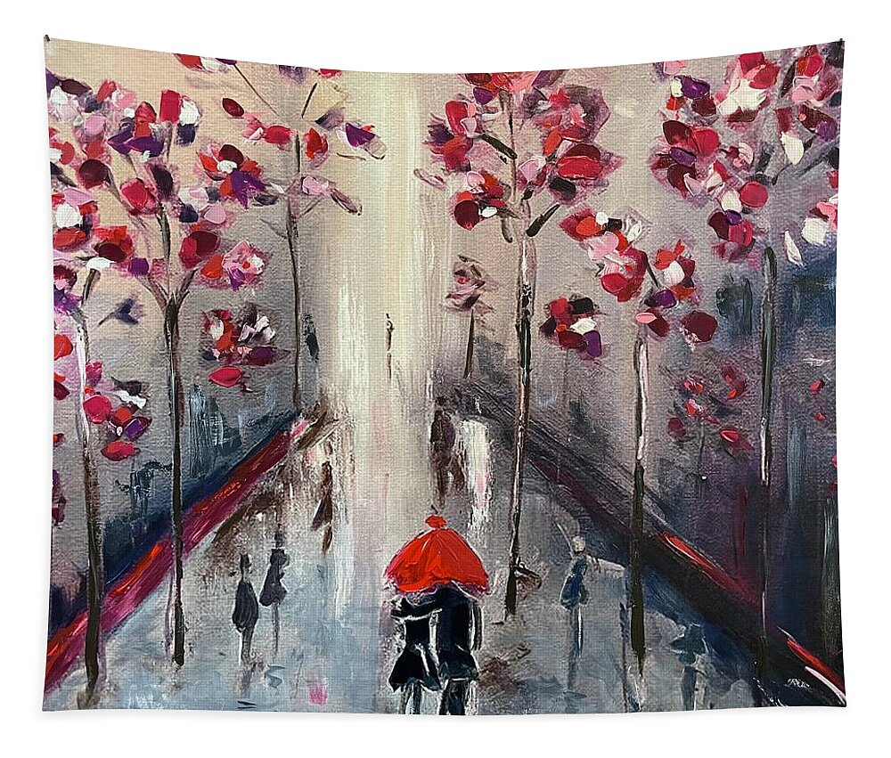 Paris Tapestry featuring the painting Strolling in Paris 2021 by Roxy Rich