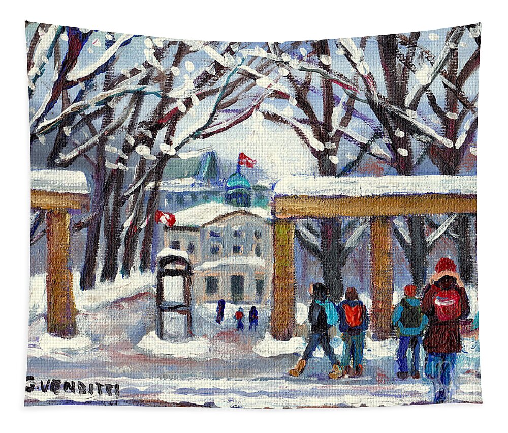 Mcgill University Tapestry featuring the painting McGill Uiversity Students Crossing Sherbrooke Street Towards Roddick Gates Grace Venditti Artist by Grace Venditti