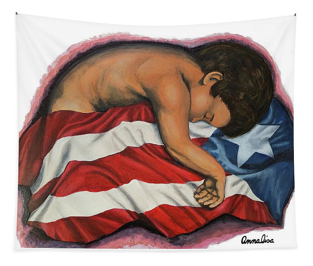 Puerto Rican Art Tapestry featuring the painting Study Nino Con La Bandera de Puerto Rico by Annalisa Rivera-Franz