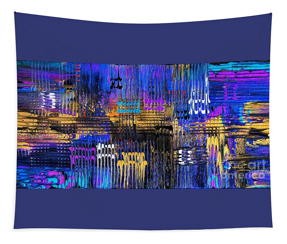 Colorful Dramatic Textural Flowing Blues Blue-hues Purple Gold Yellow Geometric Tapestry featuring the painting Sublime Abstracted Plaid 6923 by Priscilla Batzell Expressionist Art Studio Gallery