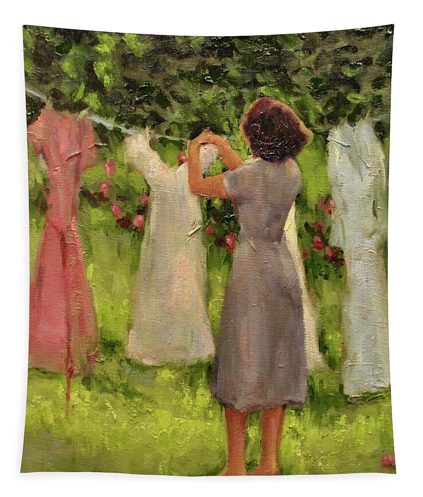Women Hanging Clothes Tapestry featuring the painting Summer Breeze by Ashlee Trcka