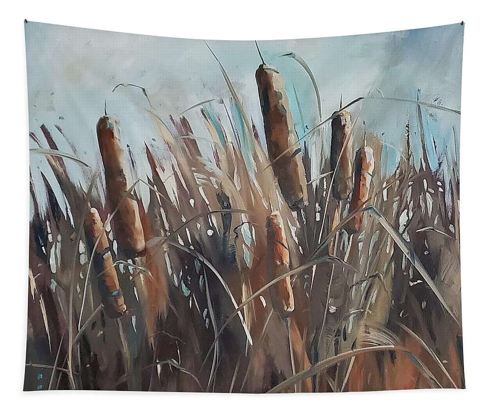 Landscape Tapestry featuring the painting Summer is Cattails by Sheila Romard