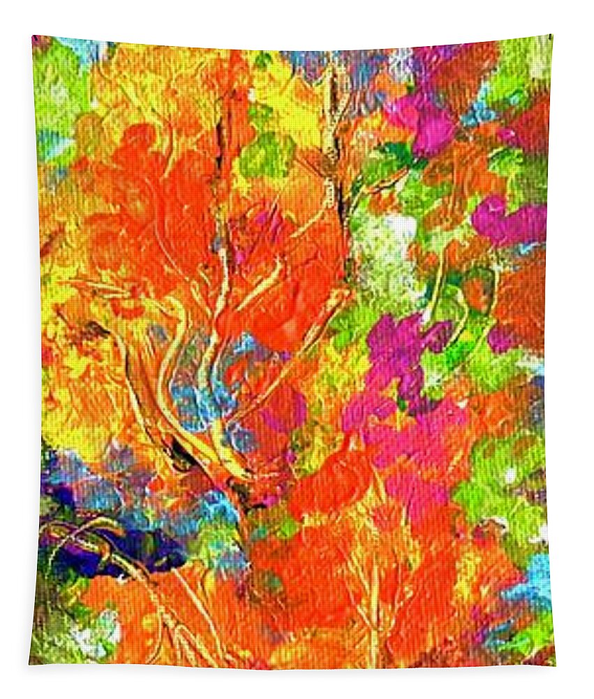 Red And Orange Flowers Long Size Landscape Fire Element. Tapestry featuring the painting Summer magic 1. by Caroline Patrick