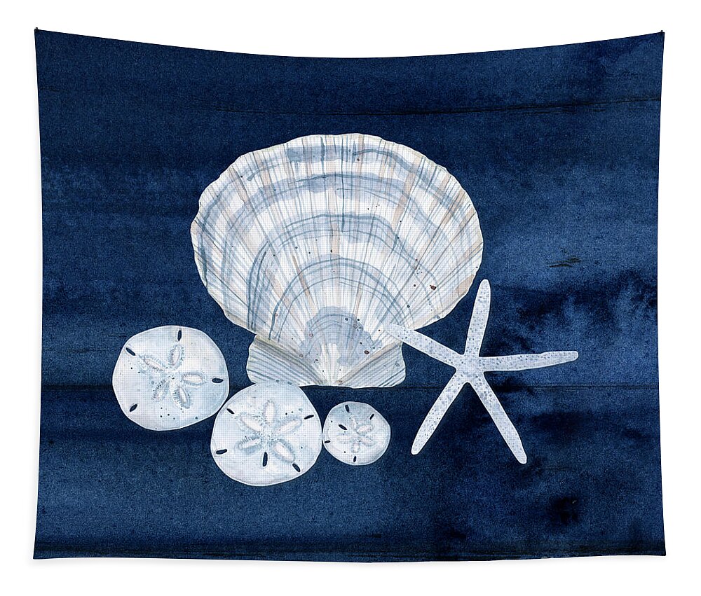 Summer Seas Tapestry featuring the painting Summer Seas 7 Scallop Shell Sand Dollars and Starfish Navy and White by Audrey Jeanne Roberts