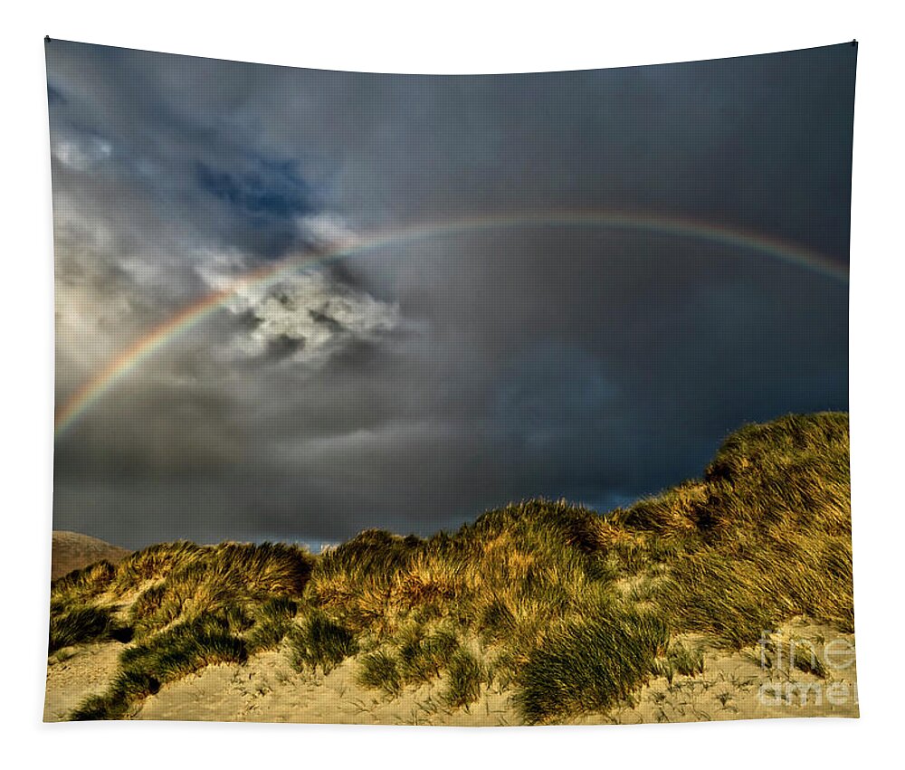 Dramatic Beauty Rainbow Sand Dunes Clouds Grass Landscape Wonderland Panoramic Beautiful West Highlands Elements Sun Rays Atmospheric Dawn Dusk Heavy Powerful Attractive Sky Stunning Delightful Magnificent Singular Transient Spectacular Glory Breath-taking Painterly Vivid Bright Vibrant Golden Autumn Colorful Yellow Artistic Inspirational Serene Tranquil Stylish Magic Poetic Striking Charming Glorious Impression Impressive Storm Thunder Hope Joy Pleasing Stimulating Rusty Fiery Thunderstorm Uk Tapestry featuring the photograph Storm Is Gone Away - Dramatic Beauty Of Rainbow At Sand Dunes by Tatiana Bogracheva